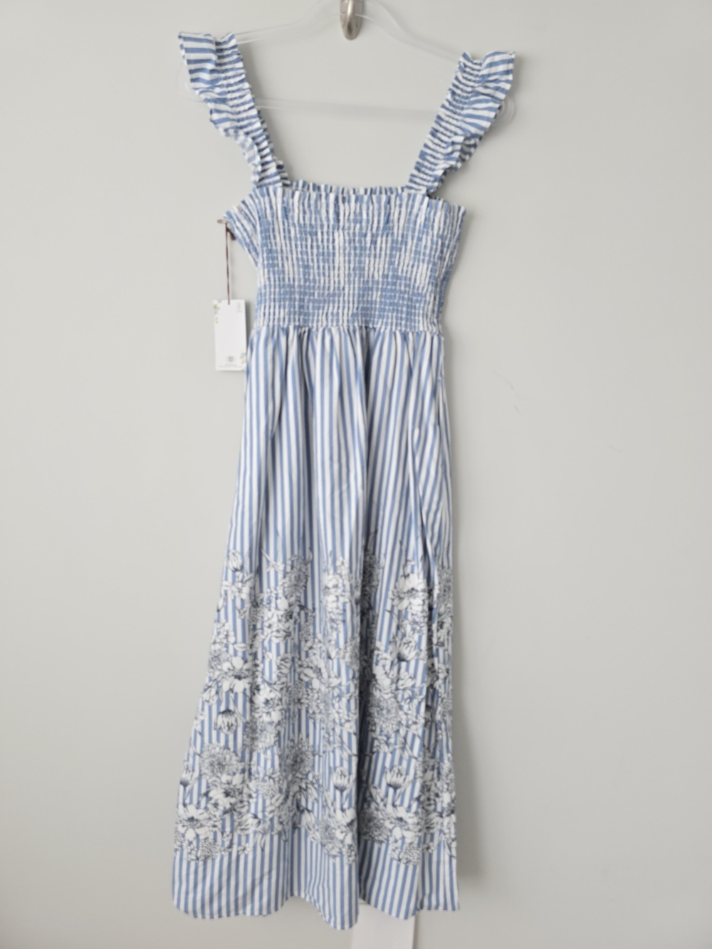 Laura Ashley Smoked Striped Midi Dress S Ruffle Sleeves Blue NWT - Picture 3 of 8